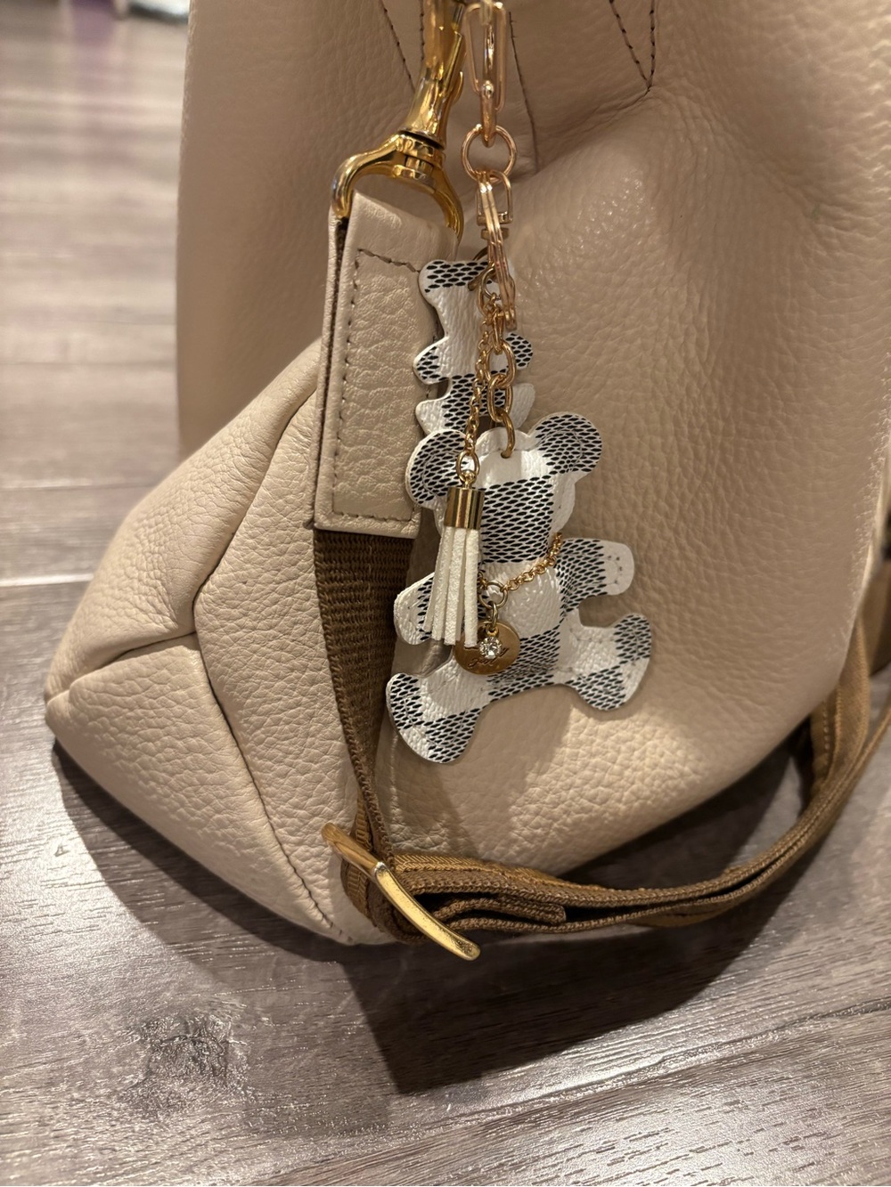 New! Black & White Checkered Bear Faux Leather Tassel Keychain Bag Charm